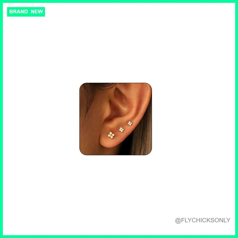 3 Pairs 14K Gold Plated Sterling Silver Stud Earrings for Multiple Piercing